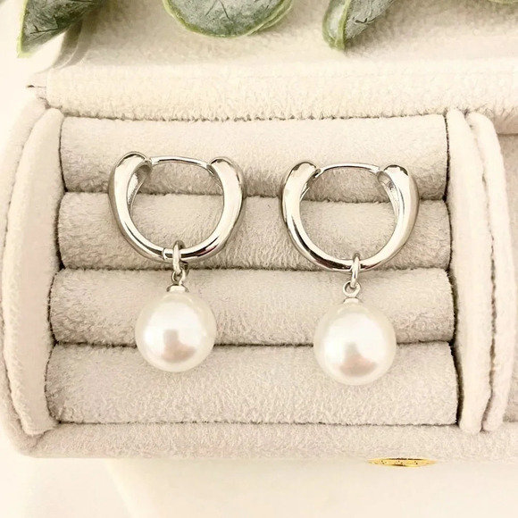 925 Sterling Silver Pearl Hoop Earrings Pearl Dangle Earrings - Picture 1 of 6